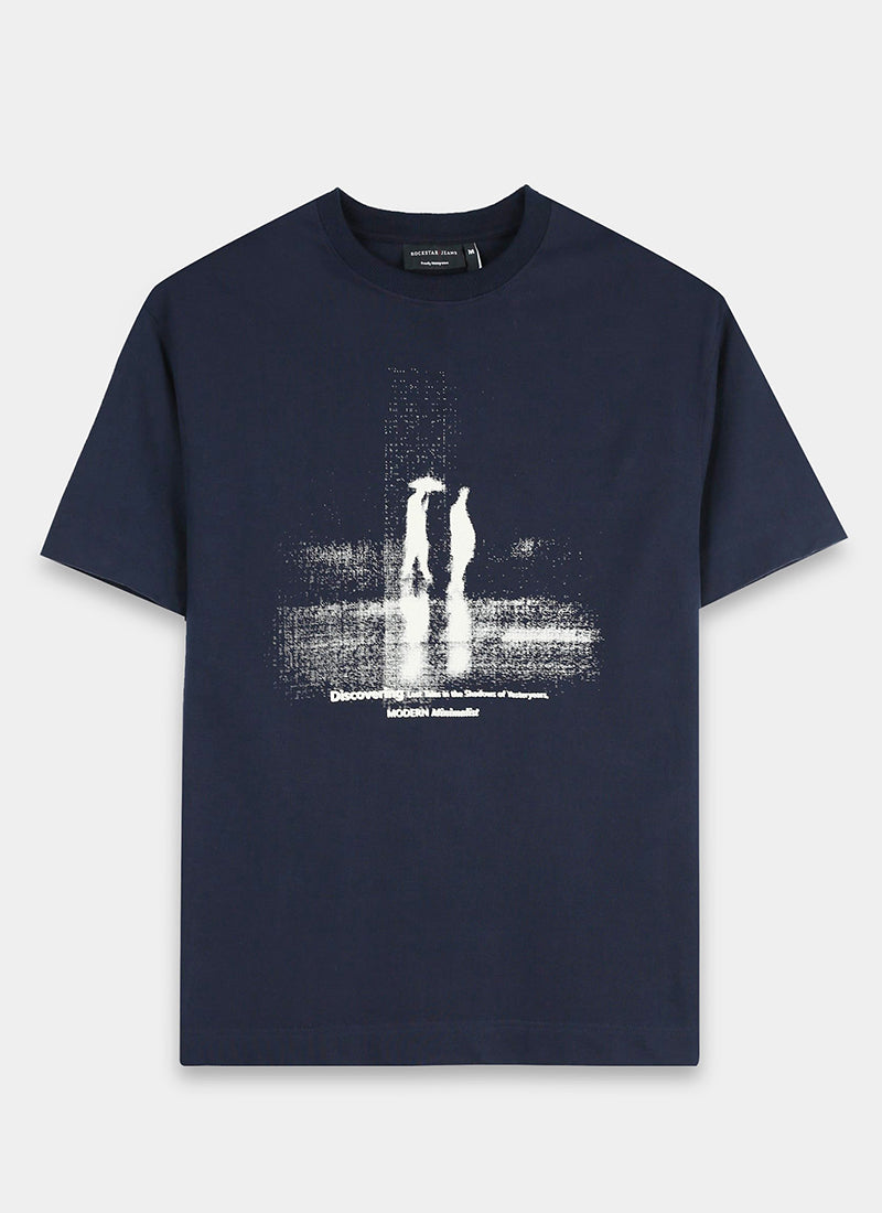 DISCOVERING Oversized Cotton Printed T-Shirt Navy Blue - Flatlay Front View