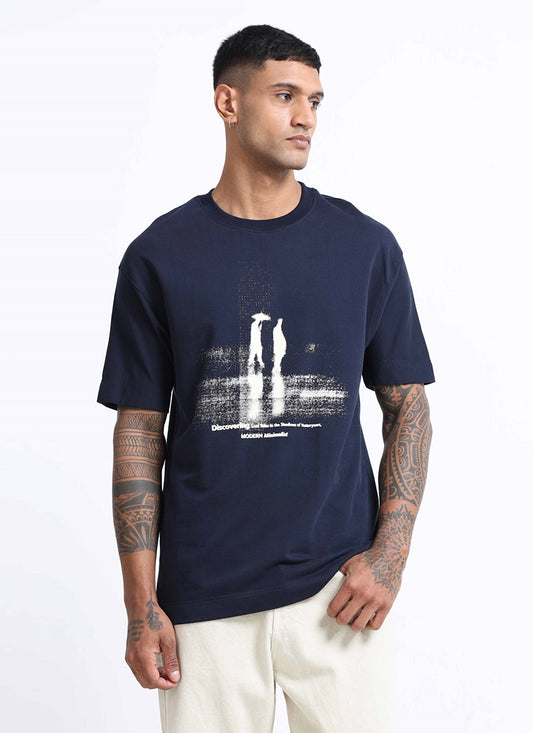 DISCOVERING Oversized Cotton Printed T-Shirt Navy Blue - Front View