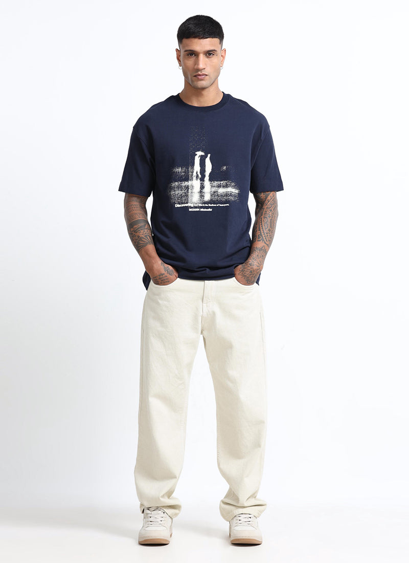 DISCOVERING Oversized Cotton Printed T-Shirt Navy Blue - Matching Jeans