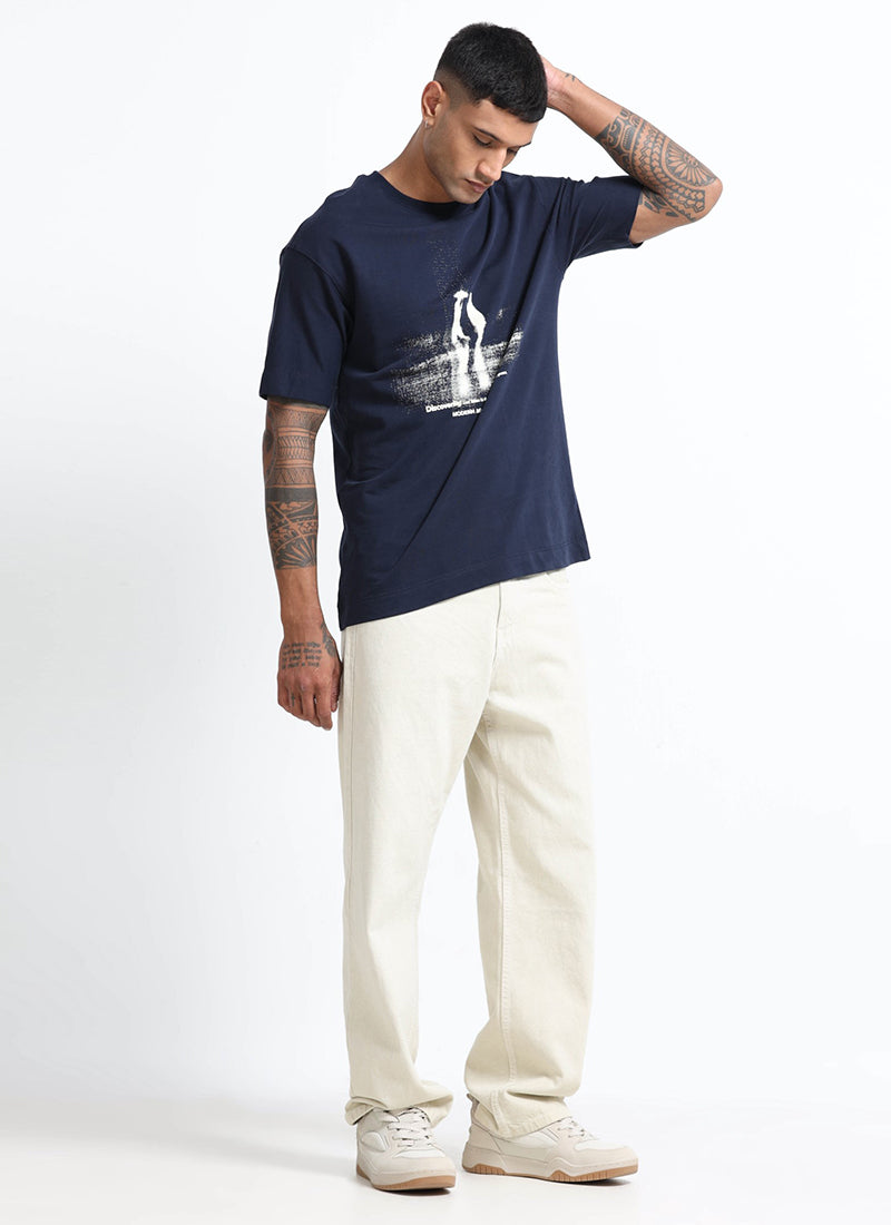 DISCOVERING Oversized Cotton Printed T-Shirt Navy Blue - Model View