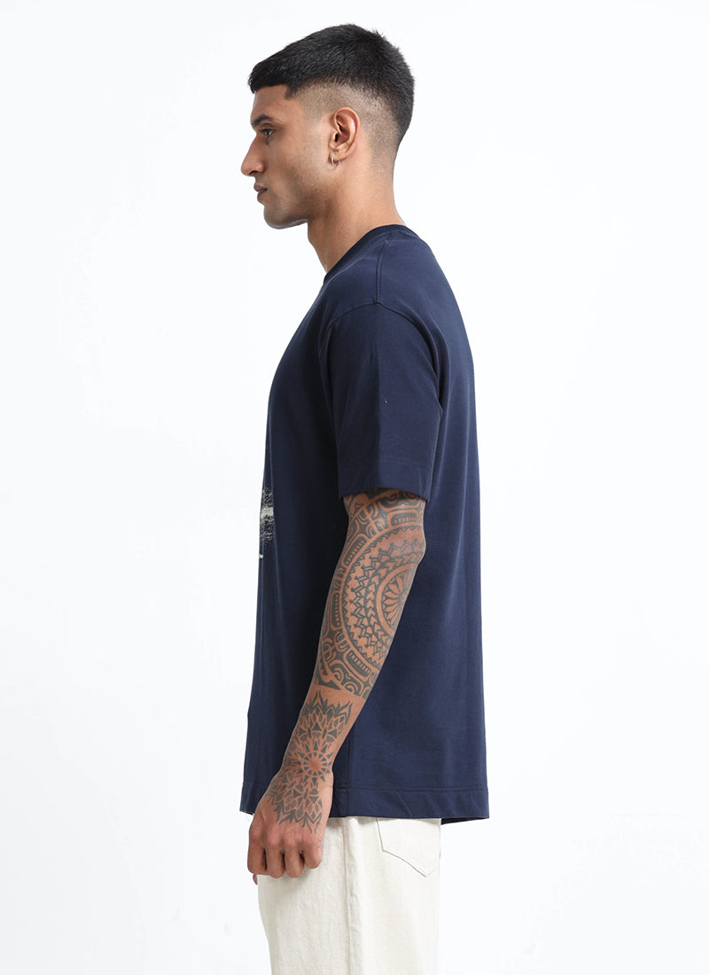 DISCOVERING Oversized Cotton Printed T-Shirt Navy Blue - Side View