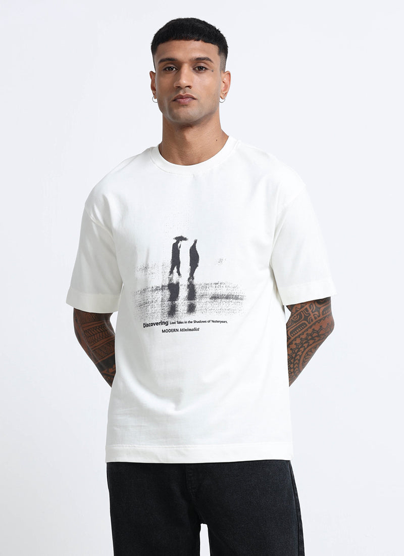 DISCOVERING Oversized Cotton Printed T-Shirt Off White - Front View