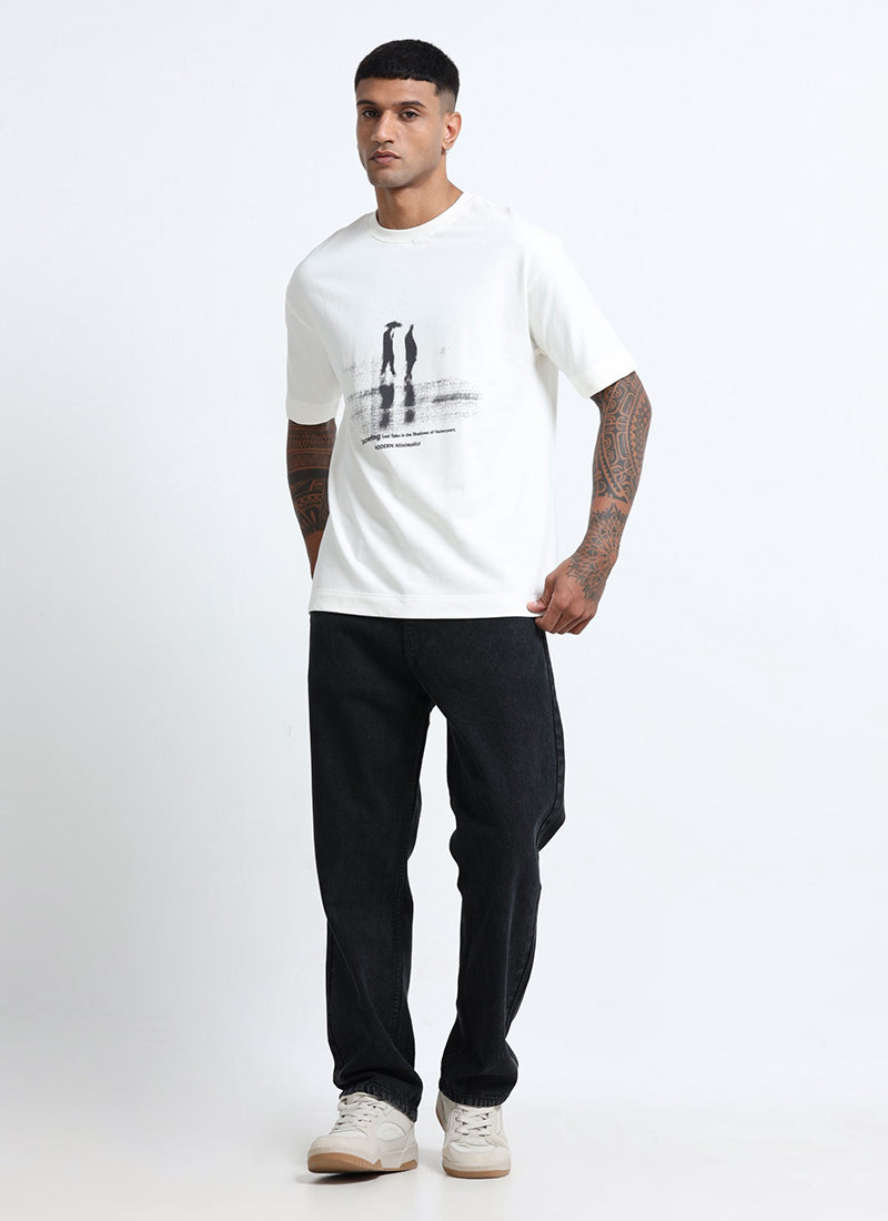 DISCOVERING Oversized Cotton Printed T-Shirt Off White - Model Full View