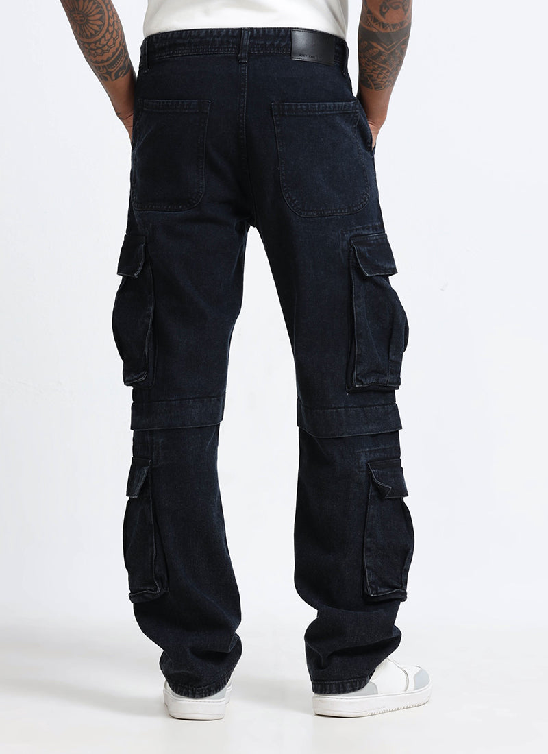 DREAM CHASER Relaxed Fit 8 Pockets Denim Cargo Jeans Black Grey-Back View
