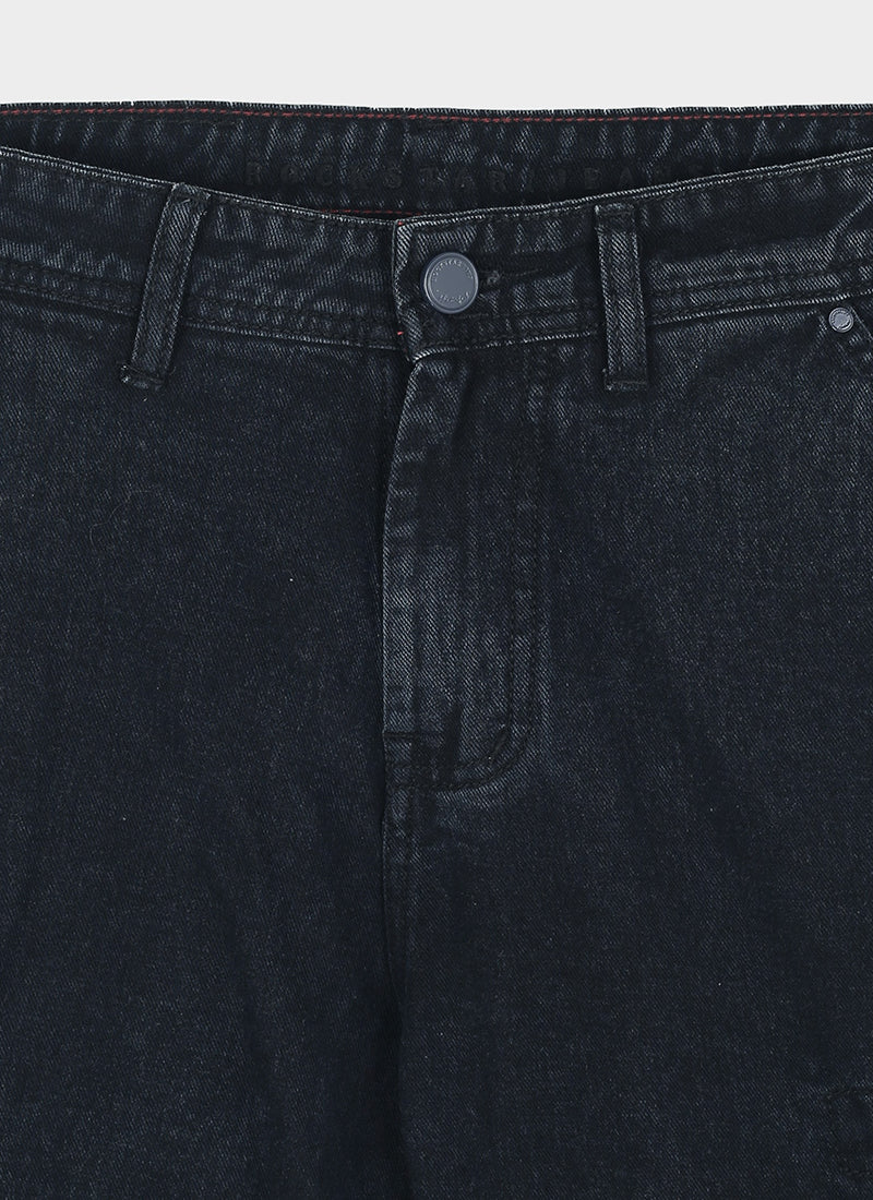DREAM CHASER Relaxed Fit 8 Pockets Denim Cargo Jeans Black Grey-Fabric Detail View