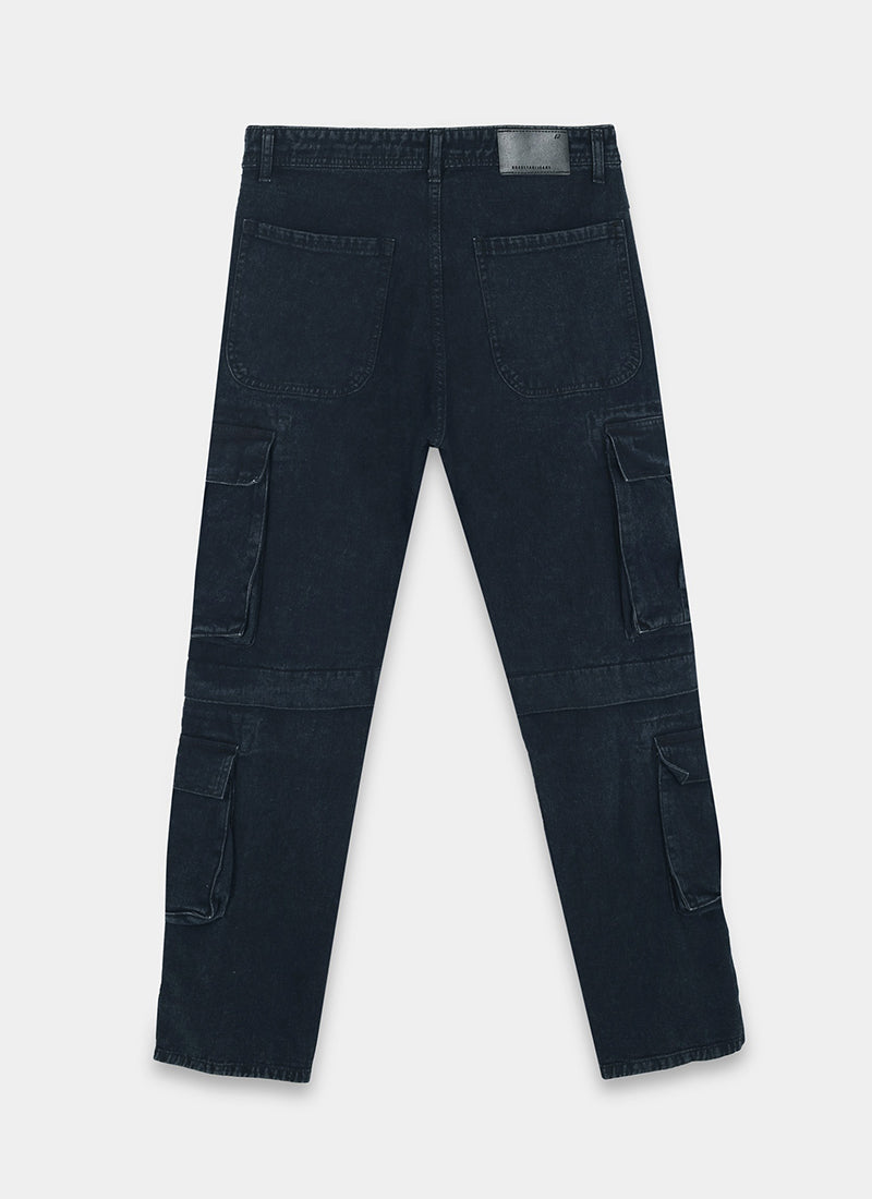 DREAM CHASER Relaxed Fit 8 Pockets Denim Cargo Jeans Black Grey-Flatlay Back View