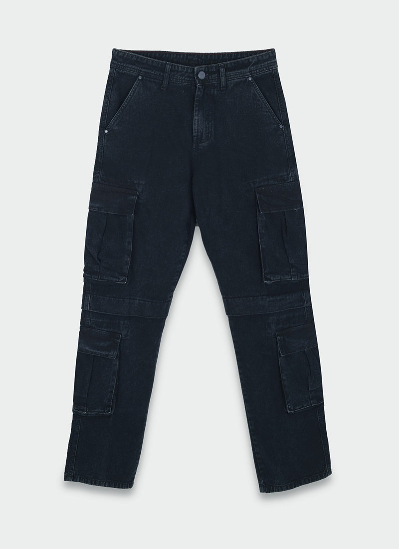 DREAM CHASER Relaxed Fit 8 Pockets Denim Cargo Jeans Black Grey-Flatlay Front View