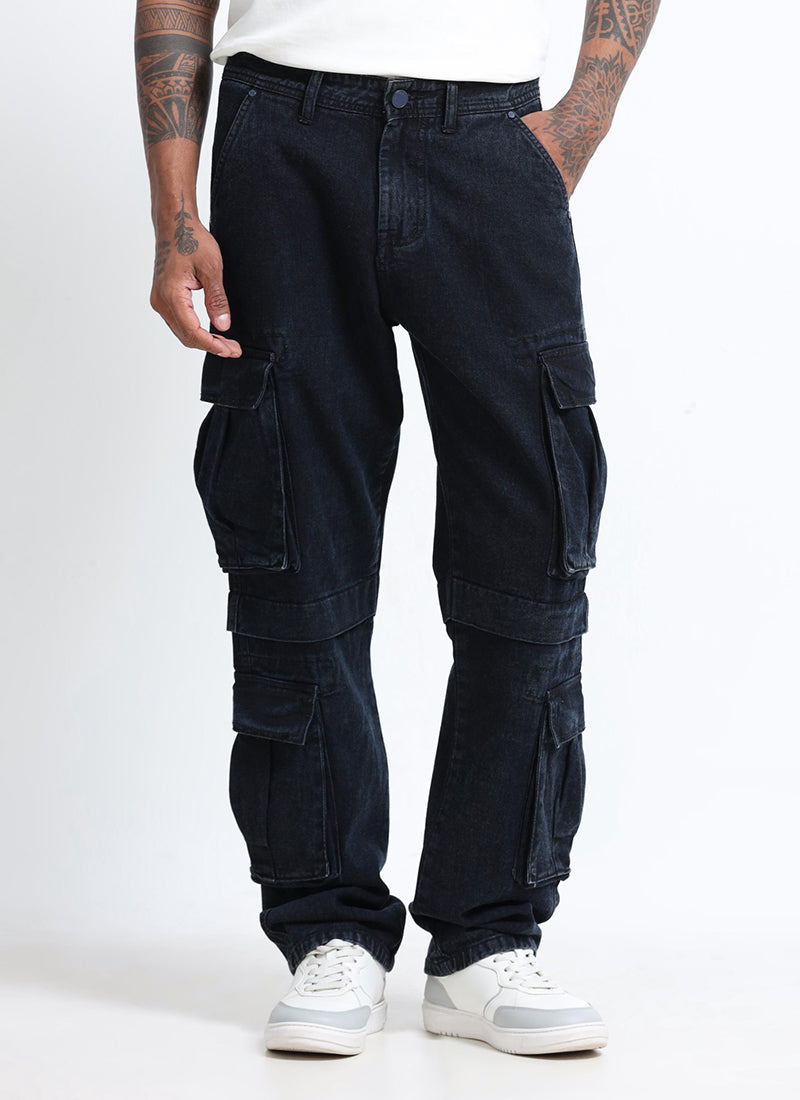 DREAM CHASER Relaxed Fit 8 Pockets Denim Cargo Jeans Black Grey-Front View
