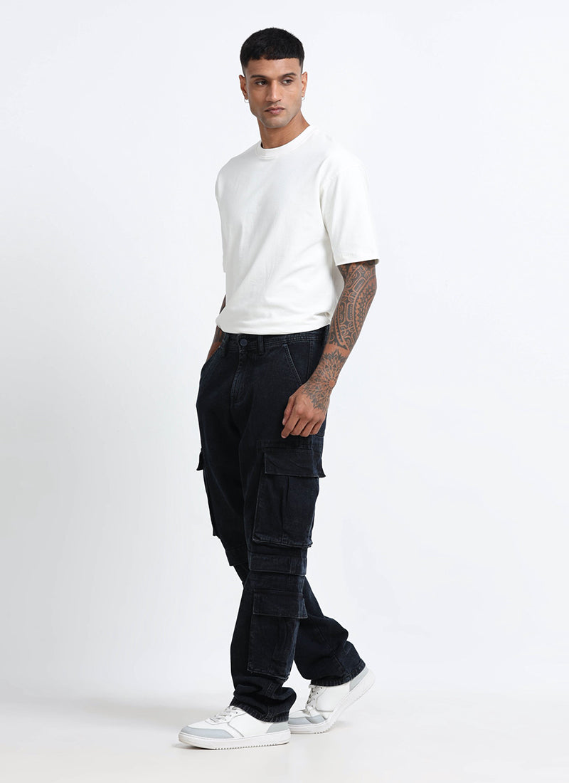 DREAM CHASER Relaxed Fit 8 Pockets Denim Cargo Jeans Black Grey-Model View
