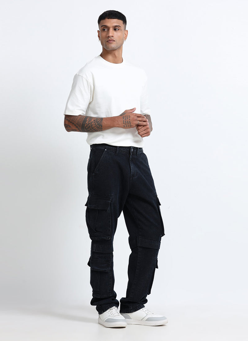 DREAM CHASER Relaxed Fit 8 Pockets Denim Cargo Jeans Black Grey-Model front View