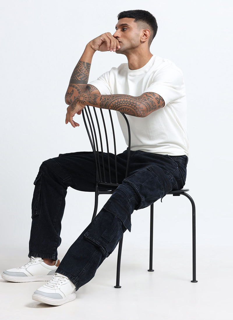 DREAM CHASER Relaxed Fit 8 Pockets Denim Cargo Jeans Black Grey-Model front View