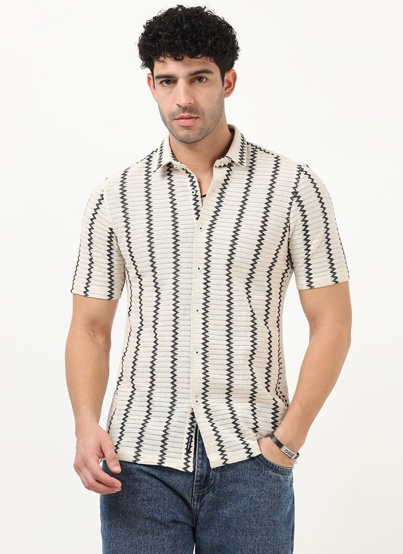 DUNE Jacquard Chevron Shirt Off White Black-Front view