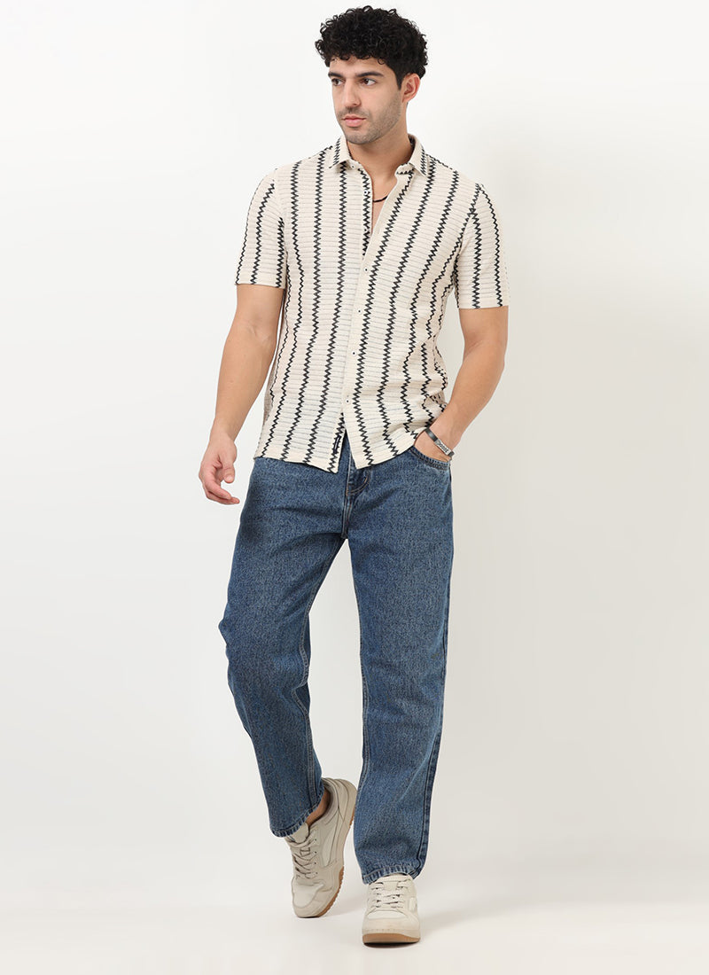 DUNE Jacquard Chevron Shirt Off White Black-Model View