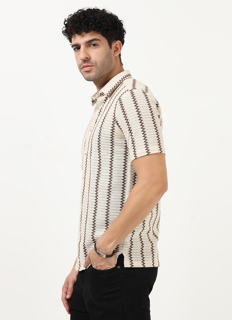 DUNE Jacquard Chevron Shirt Off White Brown-Model Side View