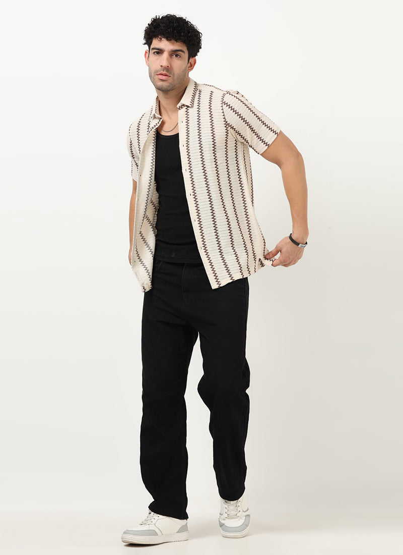 DUNE Jacquard Chevron Shirt Off White Brown-Model front View