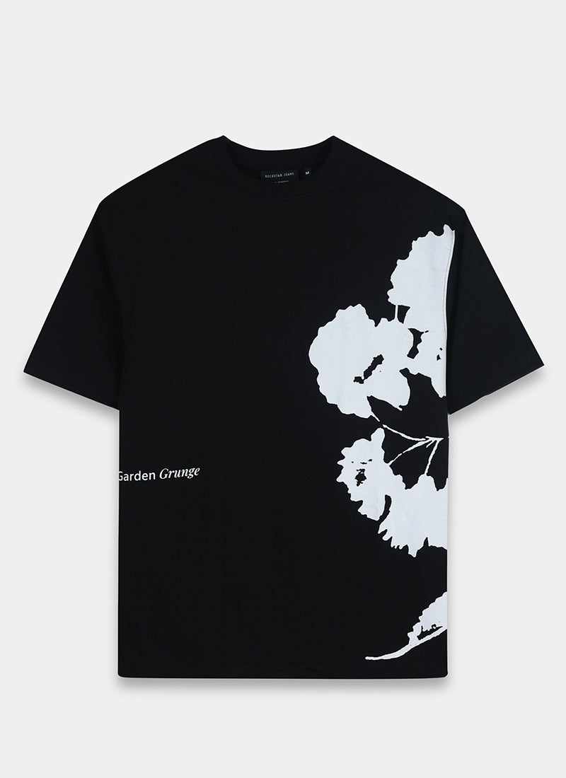ECLECTIC REALM Oversized Cotton Printed T-Shirt Black - Floral Prints Flatlay Front View