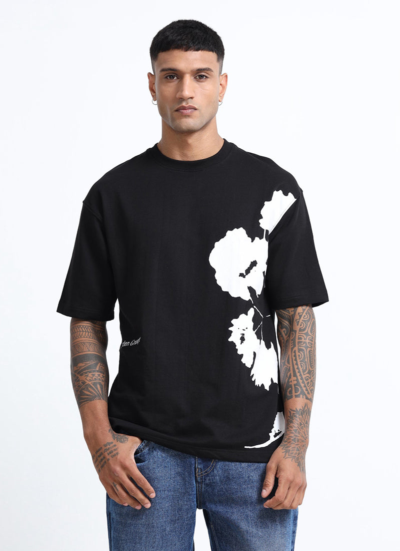 ECLECTIC REALM Oversized Cotton Printed T-Shirt Black - floral printed t shirts for men