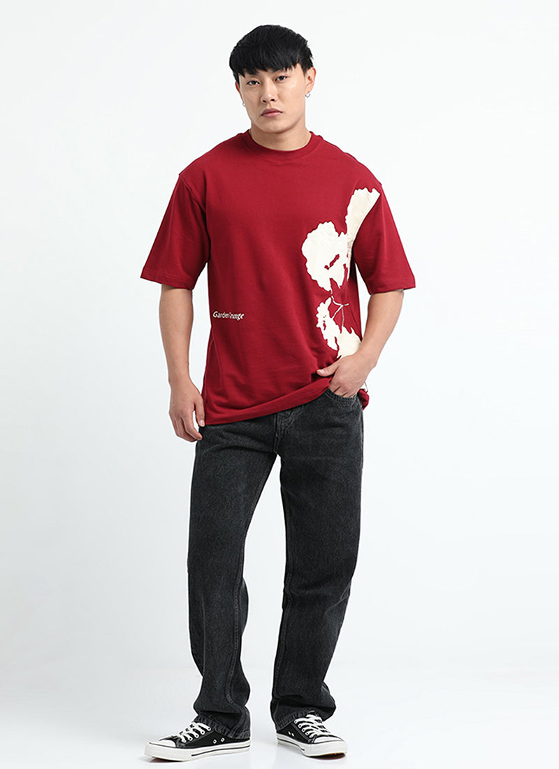 ECLECTIC REALM Oversized Cotton Printed T-Shirt Carmine Red - Model Full View