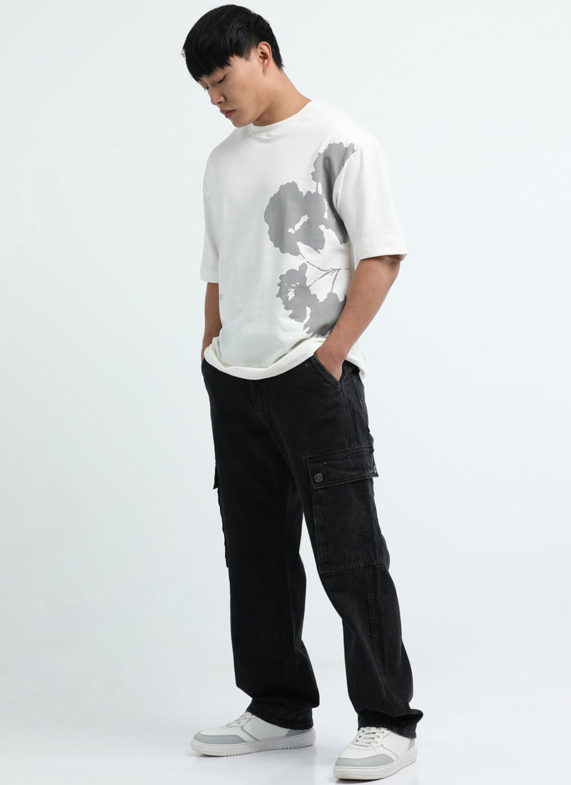 ECLECTIC REALM Oversized Cotton Printed T-Shirt Ecru White - Black Cargo Matching Tshirts