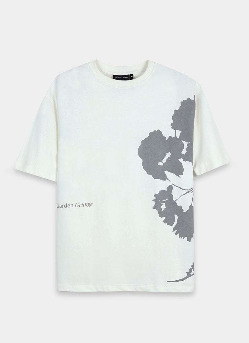 ECLECTIC REALM Oversized Cotton Printed T-Shirt Ecru White - Flatlay Front Image