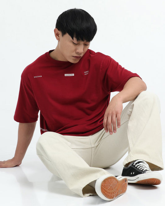 HARMONY Relaxed Fit Cotton Printed T-Shirt Wine Red
