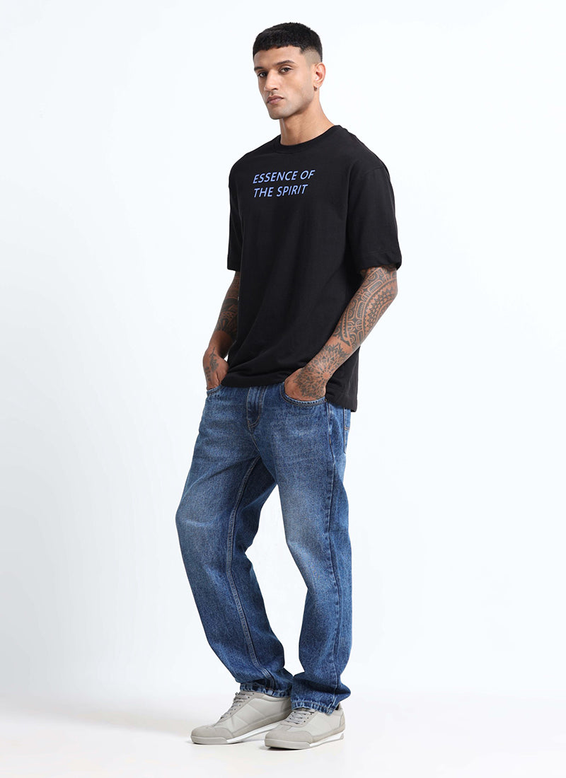 ESSENCE OF SPIRIT Oversized Cotton Printed T-Shirt Black - Model View