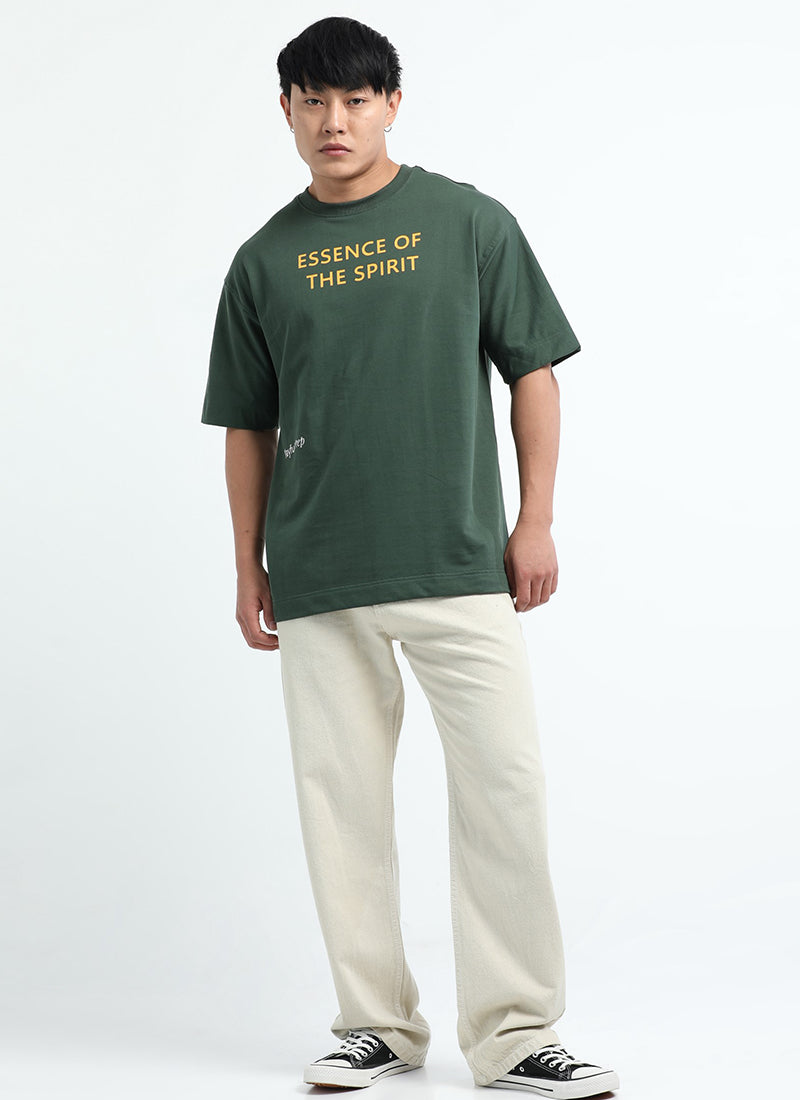 ESSENCE OF SPIRIT Oversized Cotton Printed T-Shirt Bottle Green - Flatlay Front Image