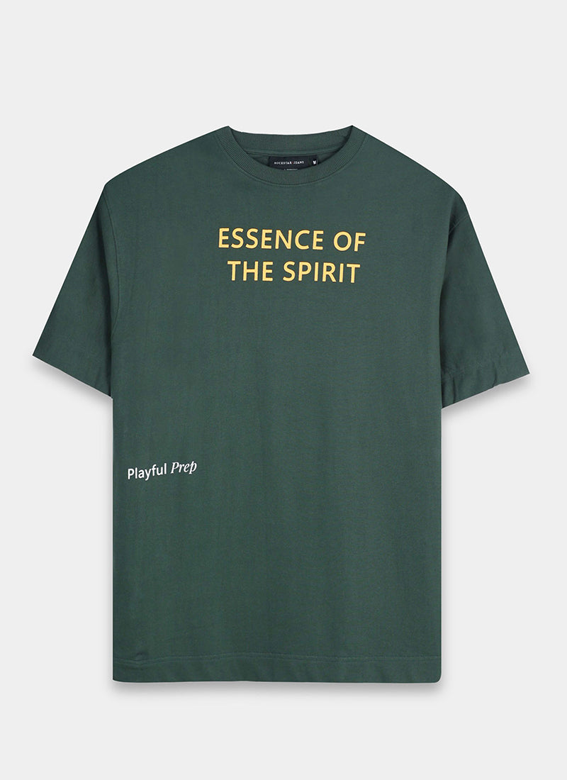 ESSENCE OF SPIRIT Oversized Cotton Printed T-Shirt Bottle Green - Flatlay Front View