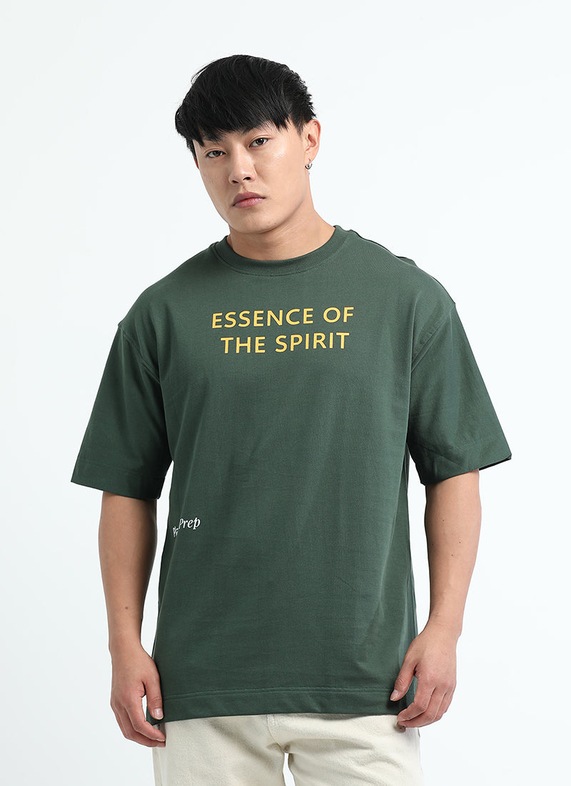 ESSENCE OF SPIRIT Oversized Cotton Printed T-Shirt Bottle Green - Front View