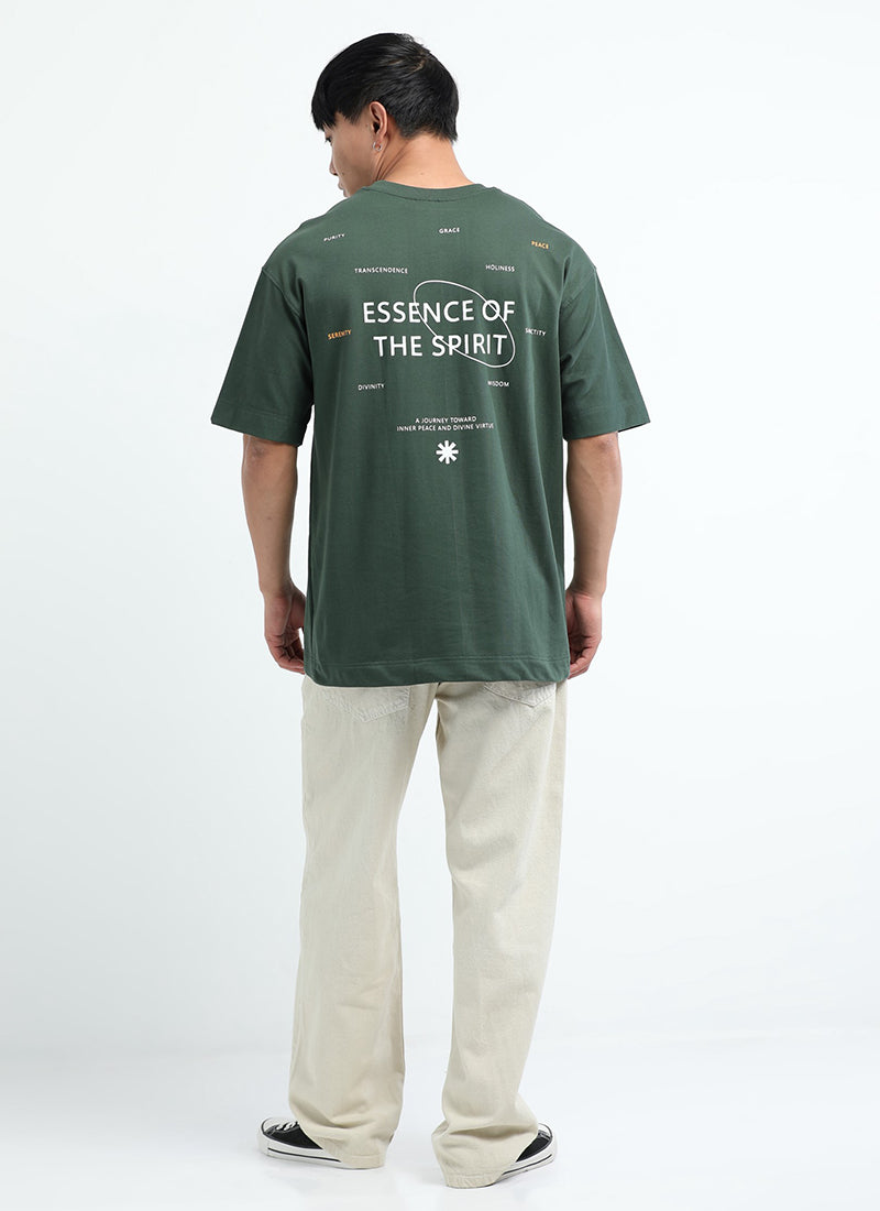 ESSENCE OF SPIRIT Oversized Cotton Printed T-Shirt Bottle Green - Model Back Print Image
