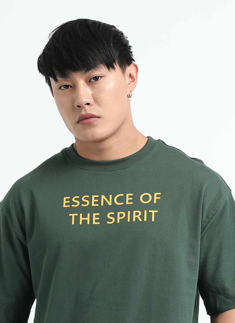 ESSENCE OF SPIRIT Oversized Cotton Printed T-Shirt Bottle Green - Prints Details Image