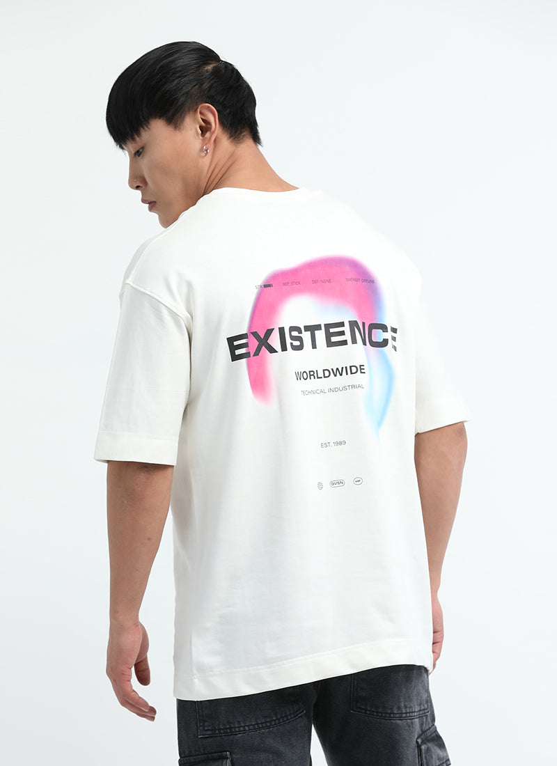 EXISTENCE REALM Oversized Cotton Printed T-Shirt Classic White - Back Print Image