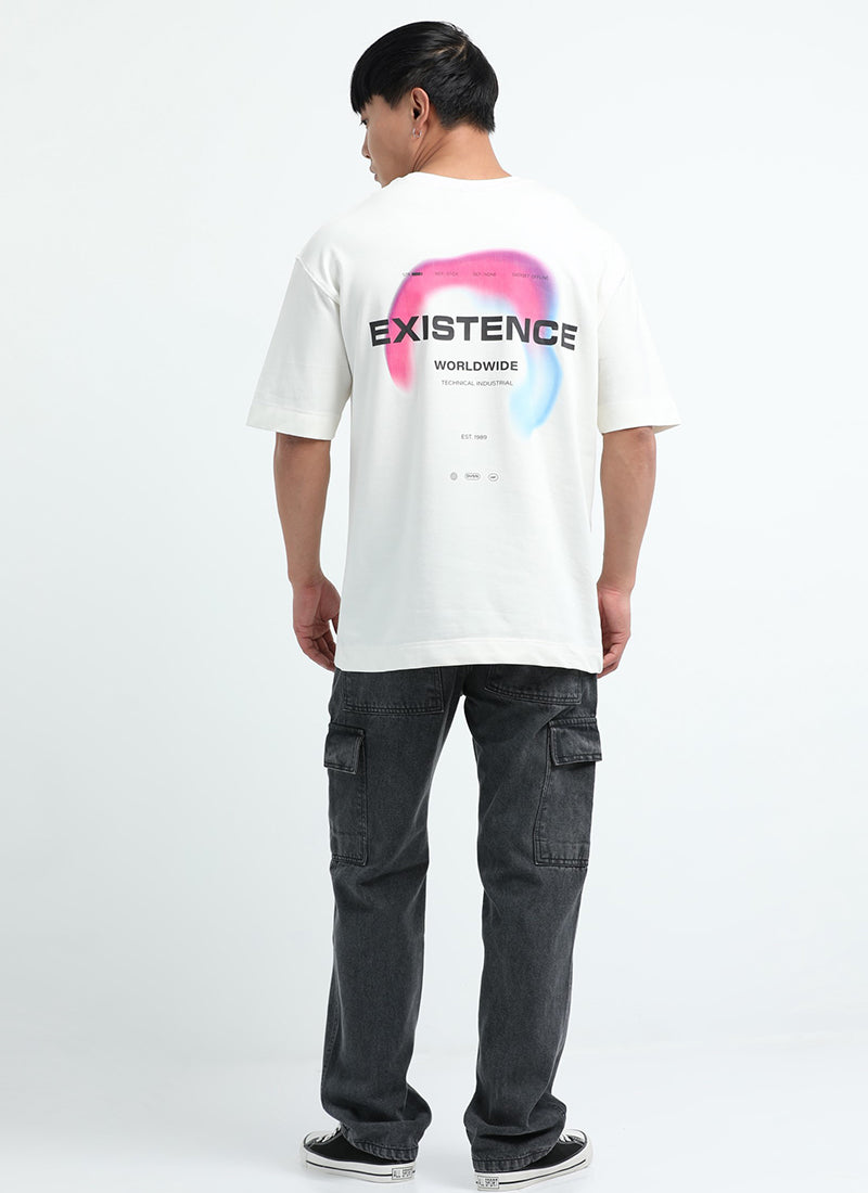 EXISTENCE REALM Oversized Cotton Printed T-Shirt Classic White - Model Back Image