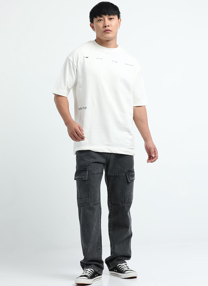 EXISTENCE REALM Oversized Cotton Printed T-Shirt Classic White - Model Image