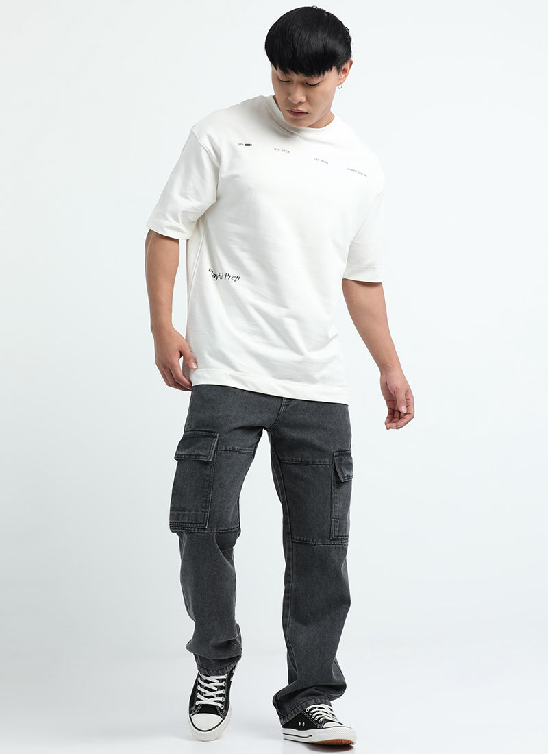 EXISTENCE REALM Oversized Cotton Printed T-Shirt Classic White - Model Matching Cargo Image