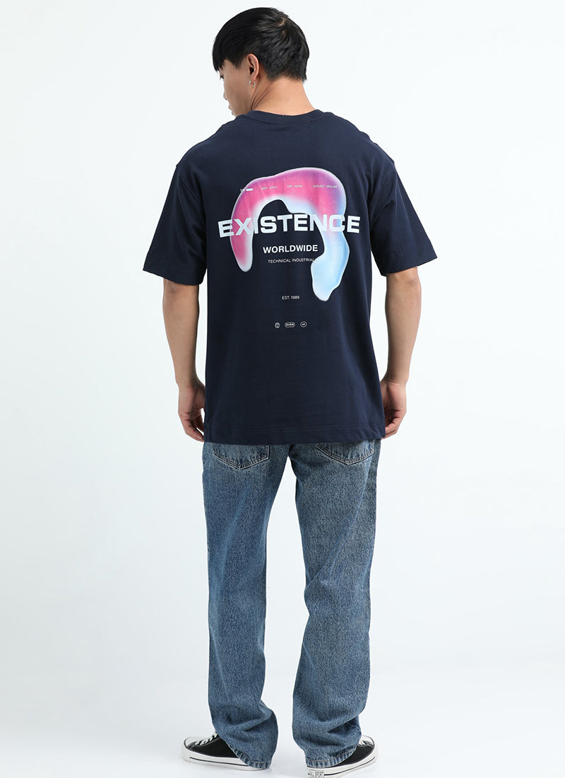EXISTENCE REALM Oversized Cotton Printed T-Shirt Navy Blue - Back Prints Model View