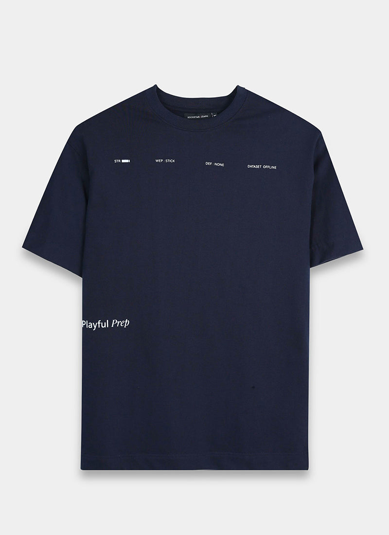 EXISTENCE REALM Oversized Cotton Printed T-Shirt Navy Blue - Flatlay Front View