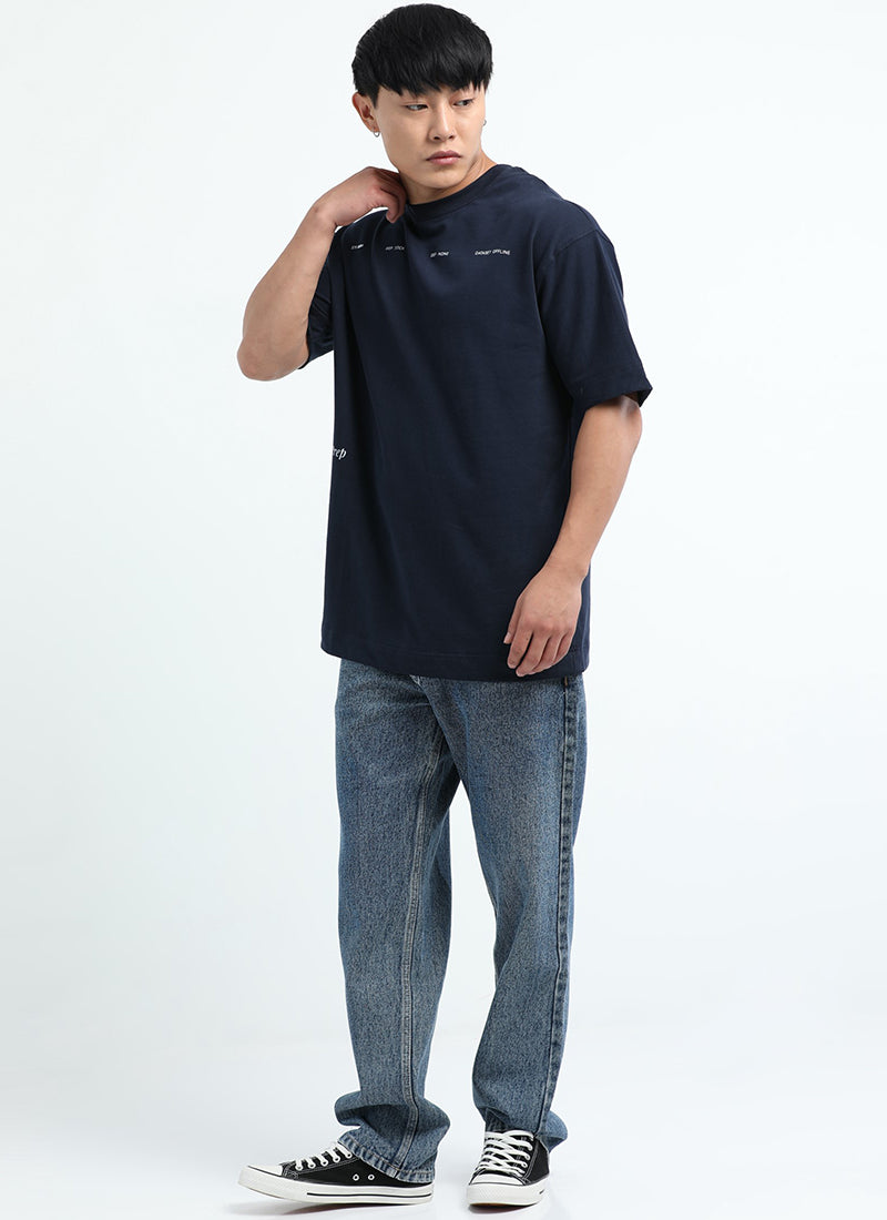 EXISTENCE REALM Oversized Cotton Printed T-Shirt Navy Blue - Matching Navy Blue Oversized Jeans