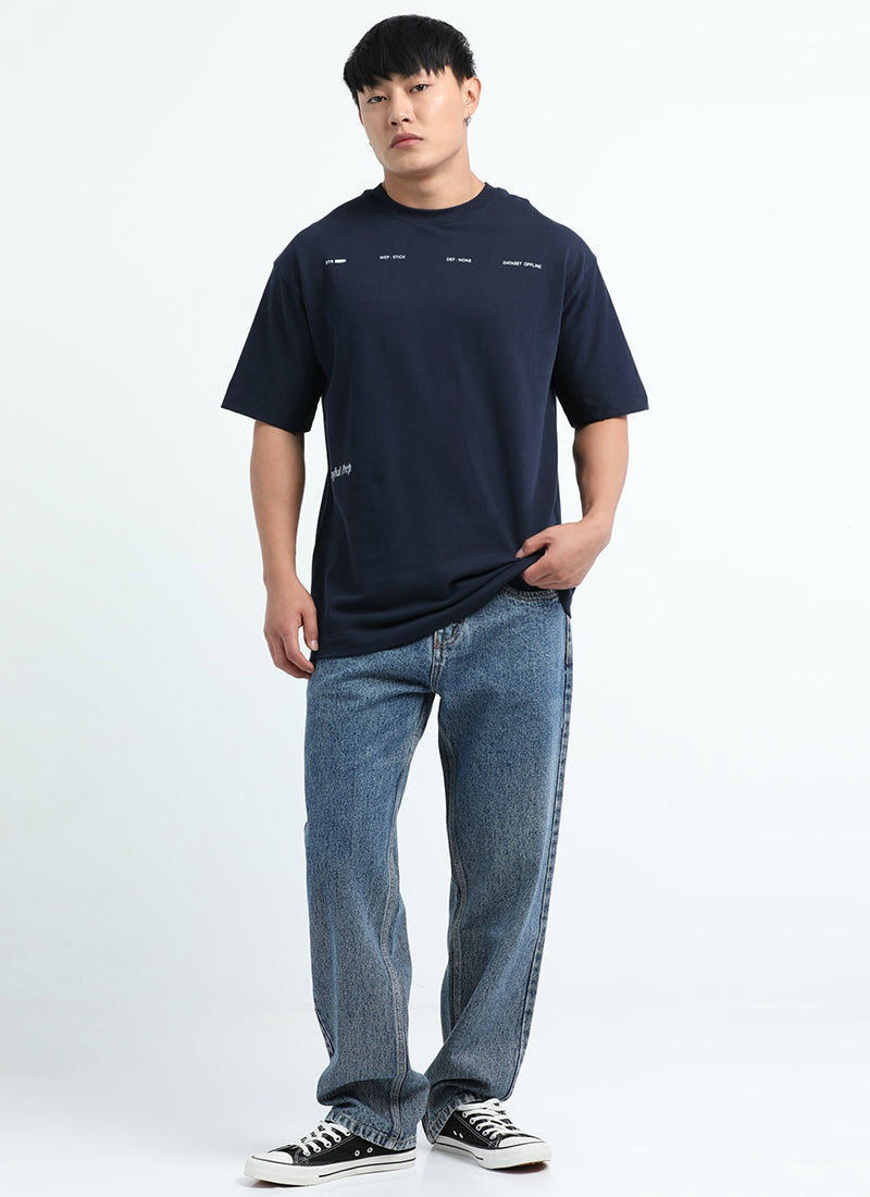 EXISTENCE REALM Oversized Cotton Printed T-Shirt Navy Blue - Model View