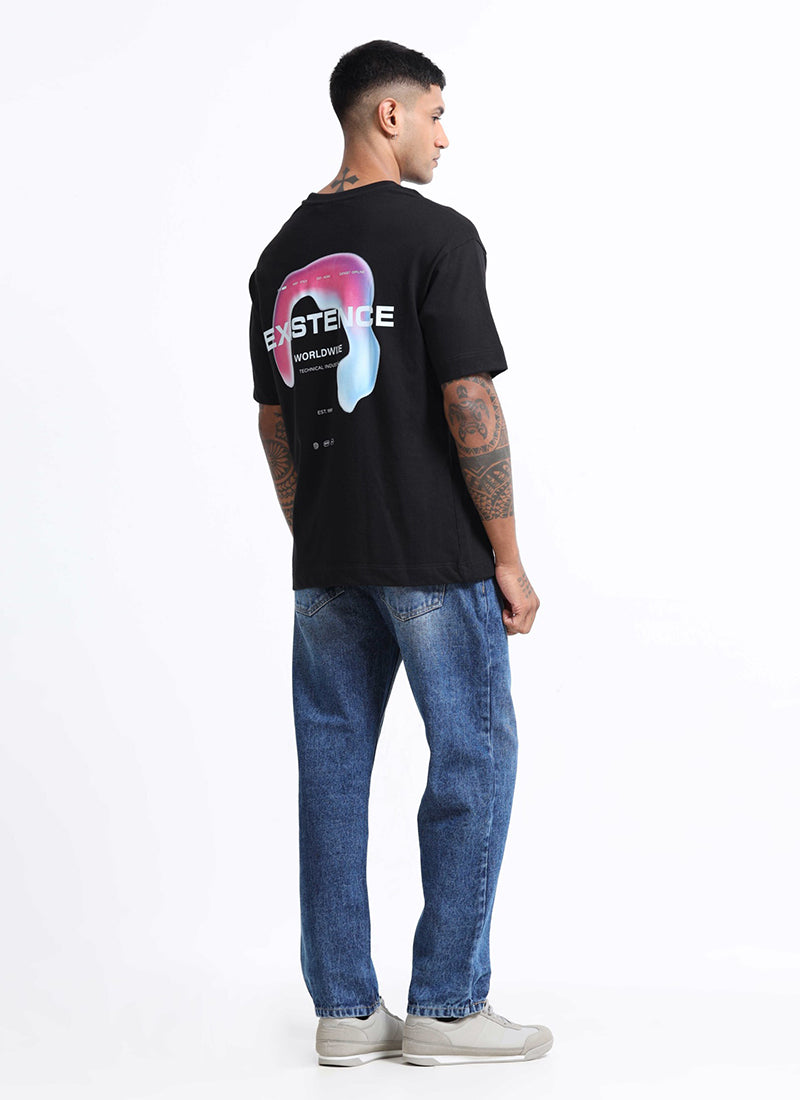 EXISTENCE REALM Oversized Cotton Printed T-Shirt Raven Black - Matching Jeans View