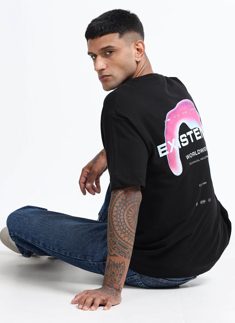EXISTENCE REALM Oversized Cotton Printed T-Shirt Raven Black - Sitting Pose View
