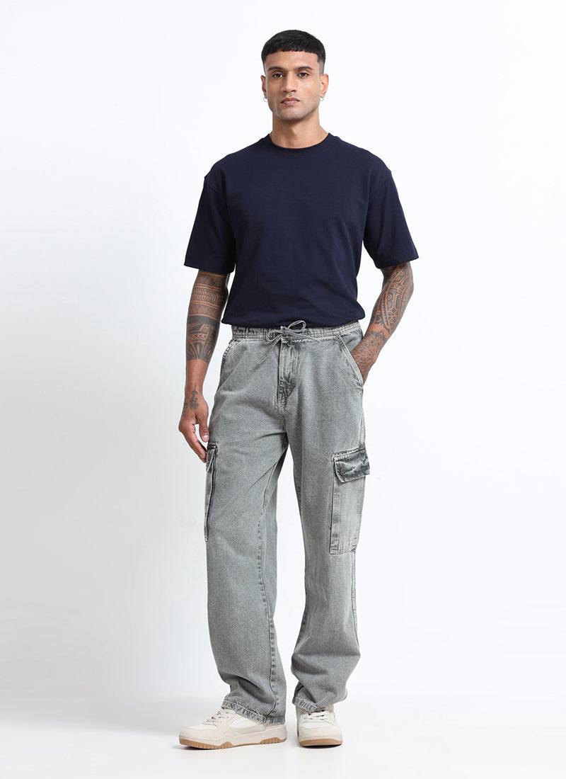 washed grey cargo denim jeans