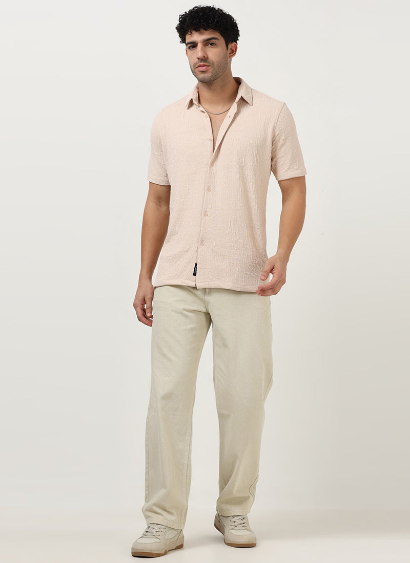 FOAM Regular Fit Crinkle Textured Shirt Ecru-Model Front view