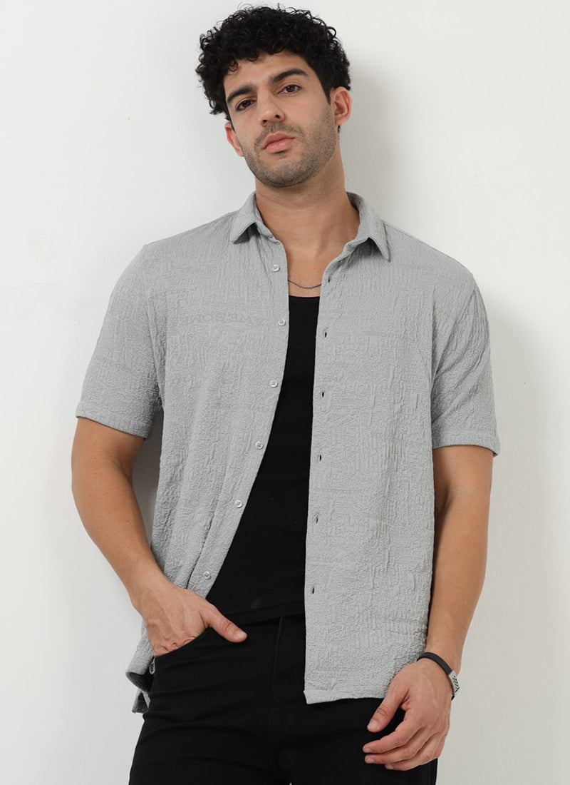 FOAM Regular Fit Crinkle Textured Shirt Mist Grey-Front View