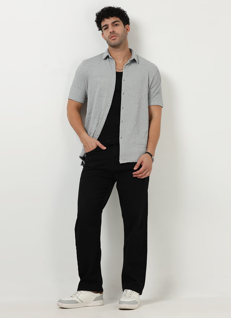 FOAM Regular Fit Crinkle Textured Shirt Mist Grey-Model Front  View