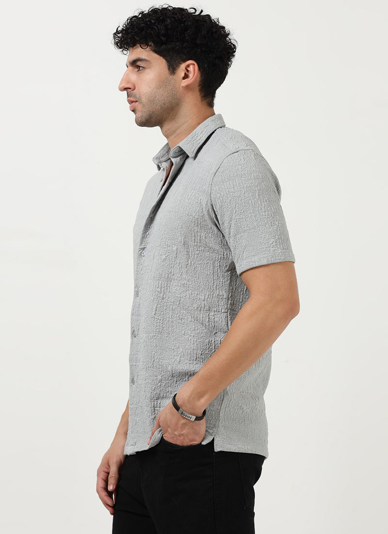 FOAM Regular Fit Crinkle Textured Shirt Mist Grey-Model Side View