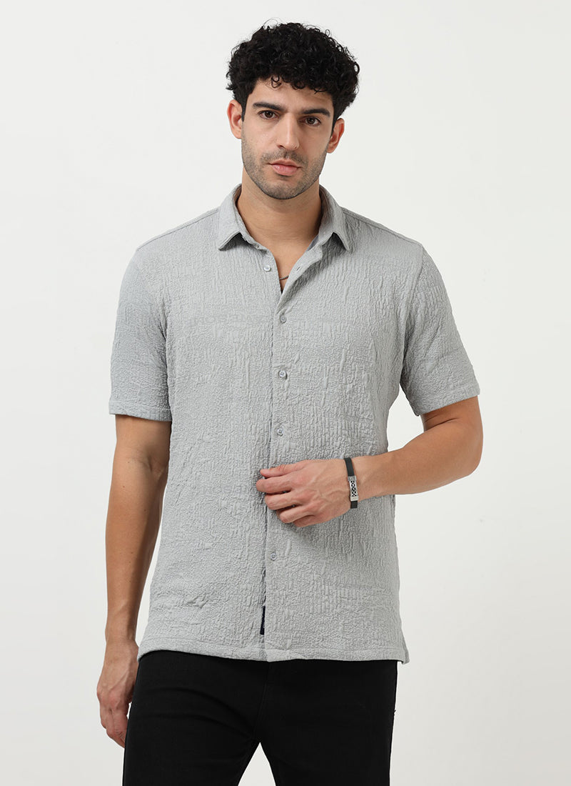 FOAM Regular Fit Crinkle Textured Shirt Mist Grey-Model View