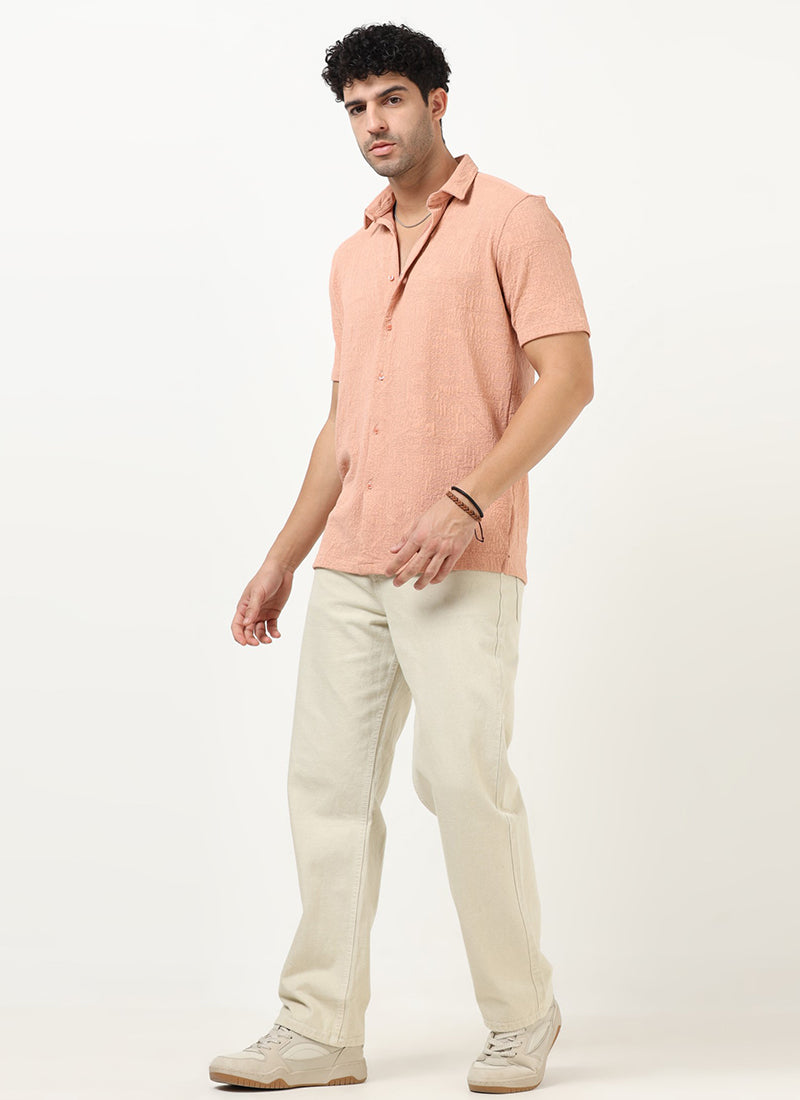 FOAM Regular Fit Crinkle Textured Shirt Peach Blush-Model  Front View 
