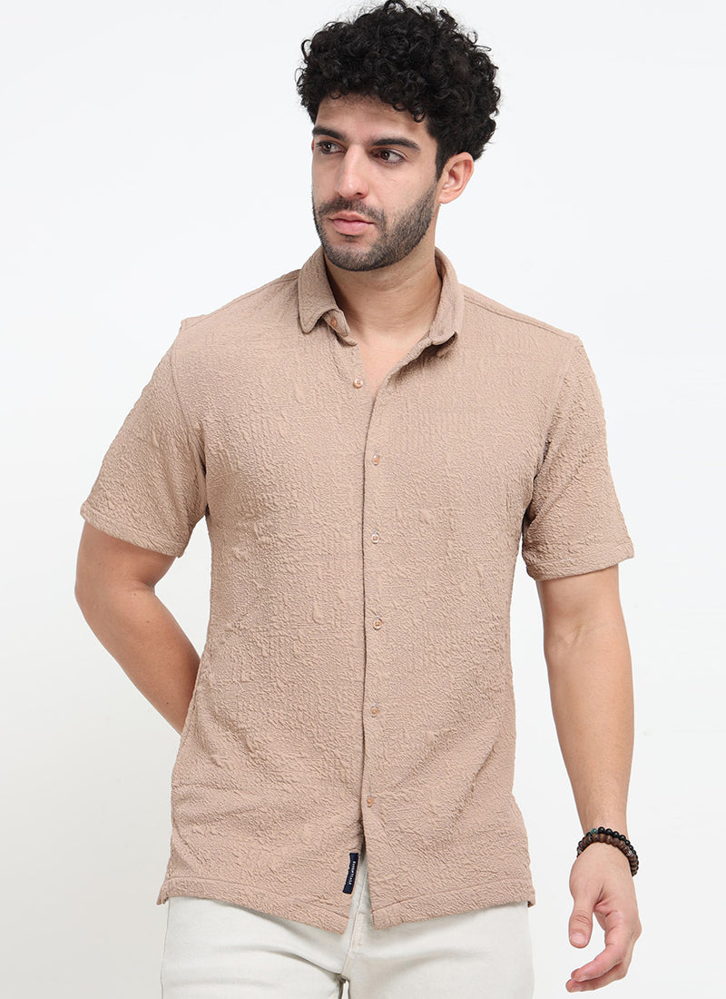 FOAM Regular Fit Crinkle Textured Shirt Sand Beige-Model Front View