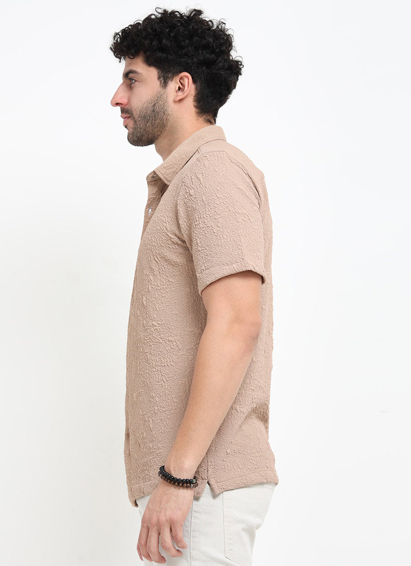 FOAM Regular Fit Crinkle Textured Shirt Sand Beige-Model Side View